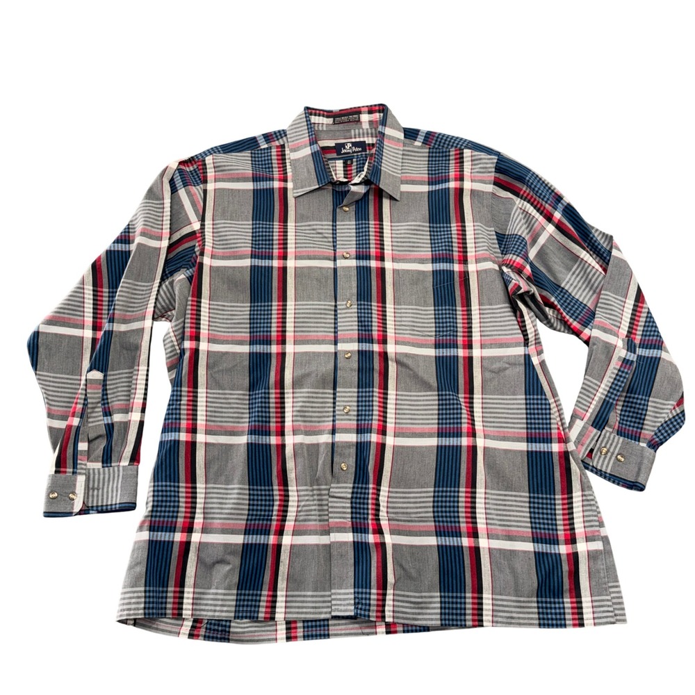 Jeremy Peters Mens 2X Big Plaid Button Down Shirt Grey Blue Red Long Sleeve